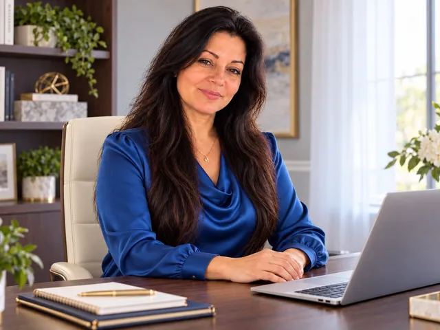 A smiling woman at her office desk, holding a tablet